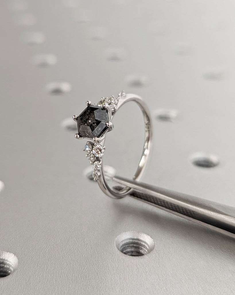 Hexagon Salt and Pepper Engagement Diamond Cluster Ring, Side Round Cut Diamond or Moissanite, 14K White Gold Ring, Wedding Anniversary Gift