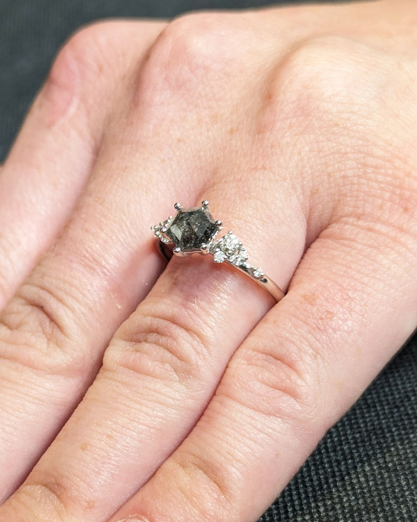 Hexagon Salt and Pepper Engagement Diamond Cluster Ring, Side Round Cut Diamond or Moissanite, 14K White Gold Ring, Wedding Anniversary Gift