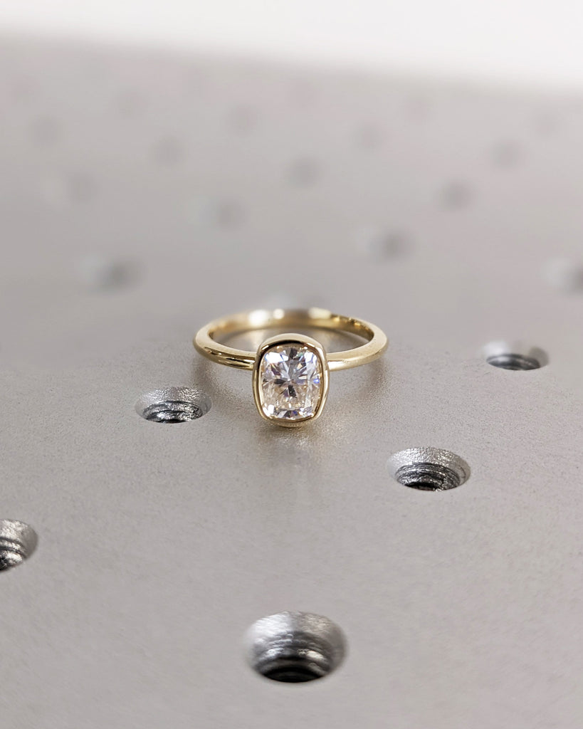 Elongated Cushion Cut Moissanite Solitaire Ring, 14K Yellow Gold Engagement Ring, Bezel Setting, Statement Ring, Gift For Her, Bridal Set