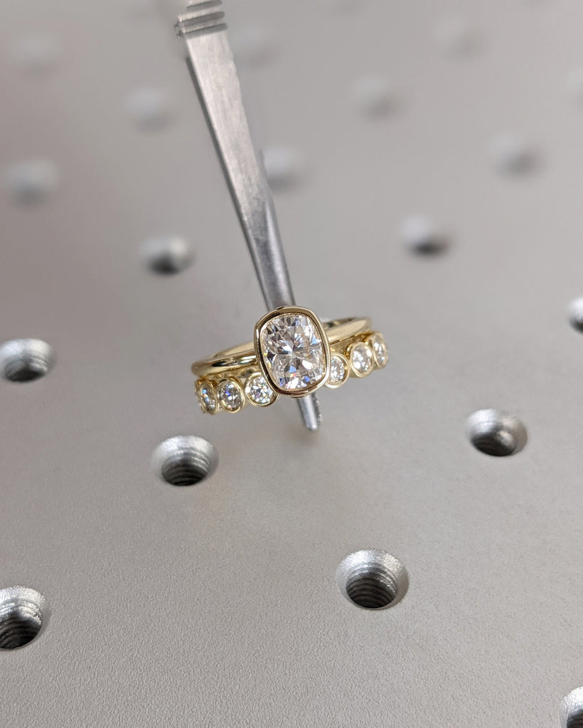 Elongated Cushion Cut Moissanite Solitaire Ring, 14K Yellow Gold Engagement Ring, Bezel Setting, Statement Ring, Gift For Her, Bridal Set