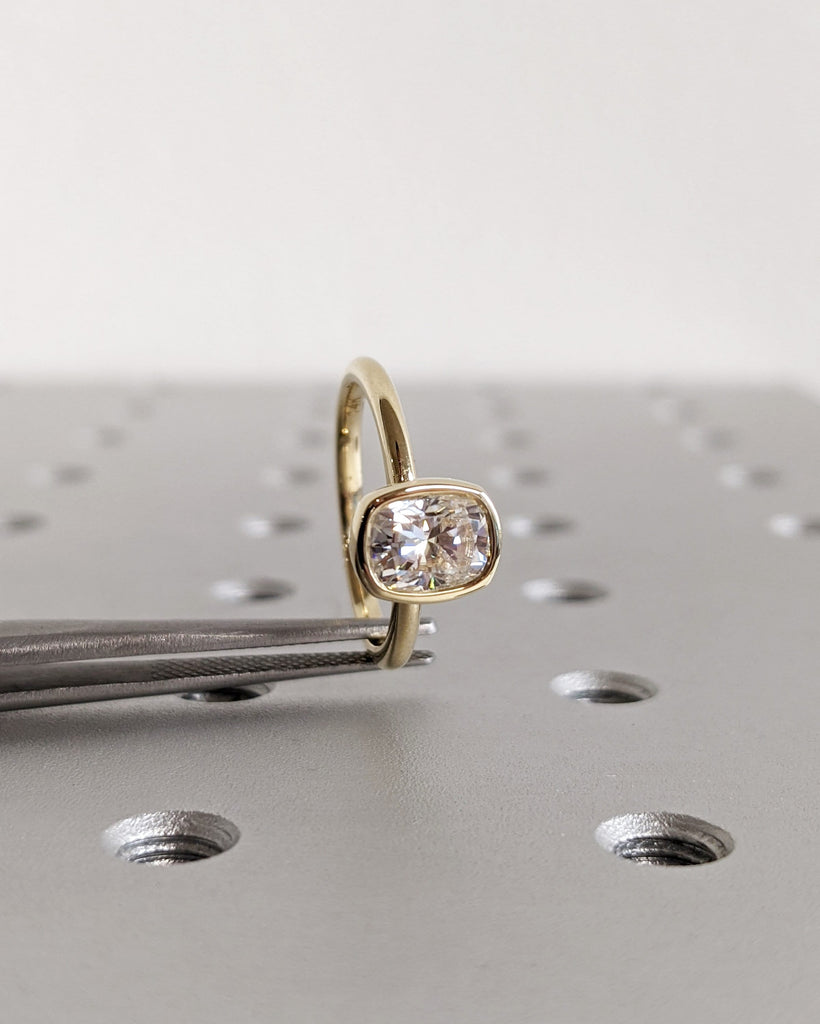 Elongated Cushion Cut Moissanite Solitaire Ring, 14K Yellow Gold Engagement Ring, Bezel Setting, Statement Ring, Gift For Her, Bridal Set
