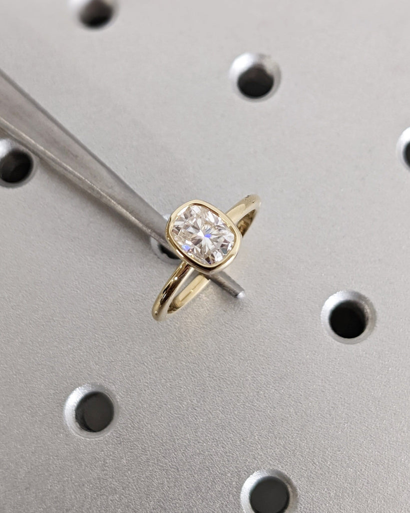 Elongated Cushion Cut Moissanite Solitaire Ring, 14K Yellow Gold Engagement Ring, Bezel Setting, Statement Ring, Gift For Her, Bridal Set