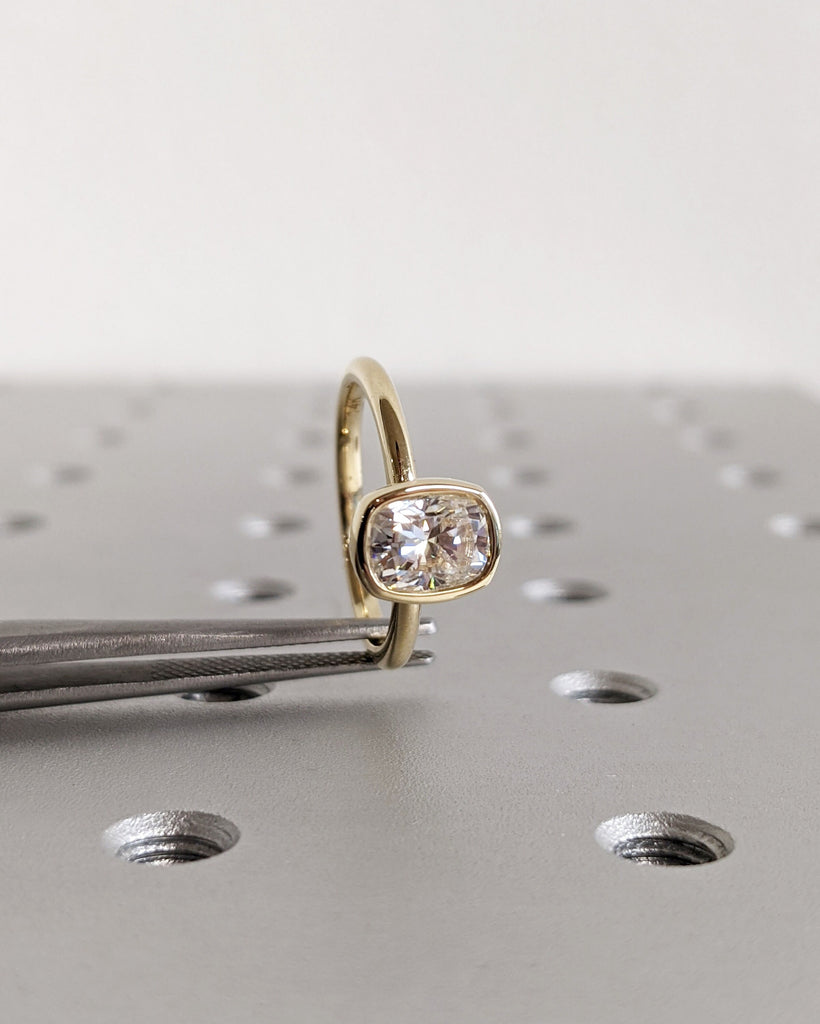 Elongated Cushion Bezel Solitaire Ring Brilliant Cut Lab Diamond Engagement Ring Dainty Promise Bezel Ring Solitaire Bezel Set Vintage Ring