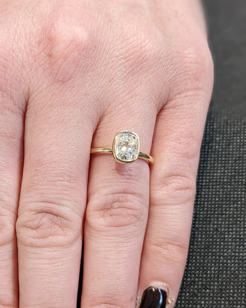 Elongated Cushion Bezel Solitaire Ring Brilliant Cut Lab Diamond Engagement Ring Dainty Promise Bezel Ring Solitaire Bezel Set Vintage Ring