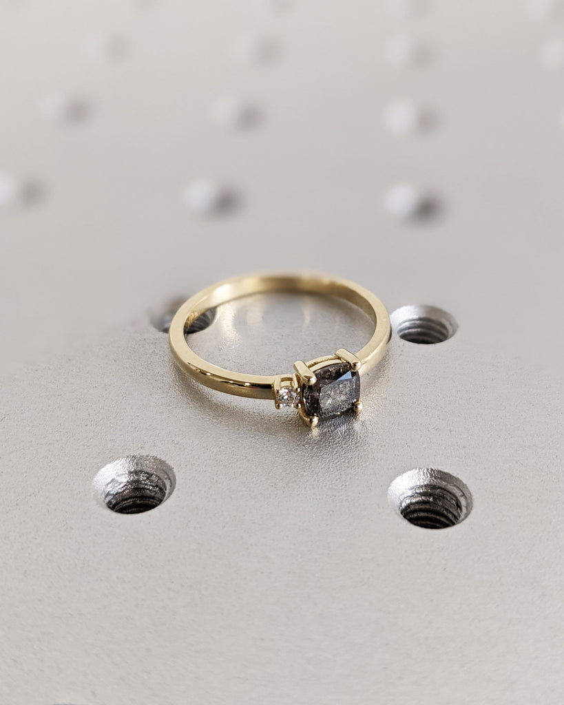 1920's Raw Salt and Pepper Diamond, Cushion Cut Diamond Ring, Unique Two Stone Engagement, 14k Yellow, Rose, White, Black Gold, Vintage Ring