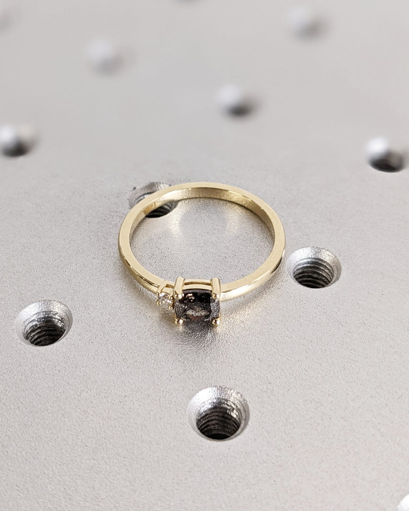 1920's Raw Salt and Pepper Diamond, Cushion Cut Diamond Ring, Unique Two Stone Engagement, 14k Yellow, Rose, White, Black Gold, Vintage Ring
