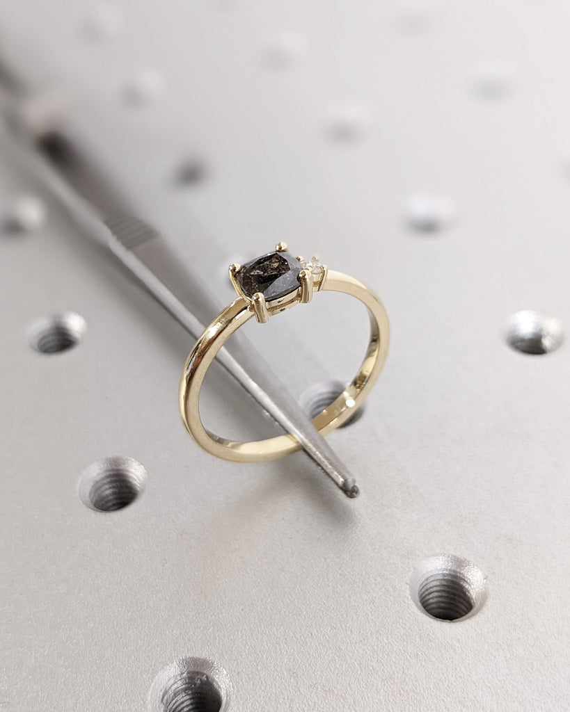 1920's Raw Salt and Pepper Diamond, Cushion Cut Diamond Ring, Unique Two Stone Engagement, 14k Yellow, Rose, White, Black Gold, Vintage Ring