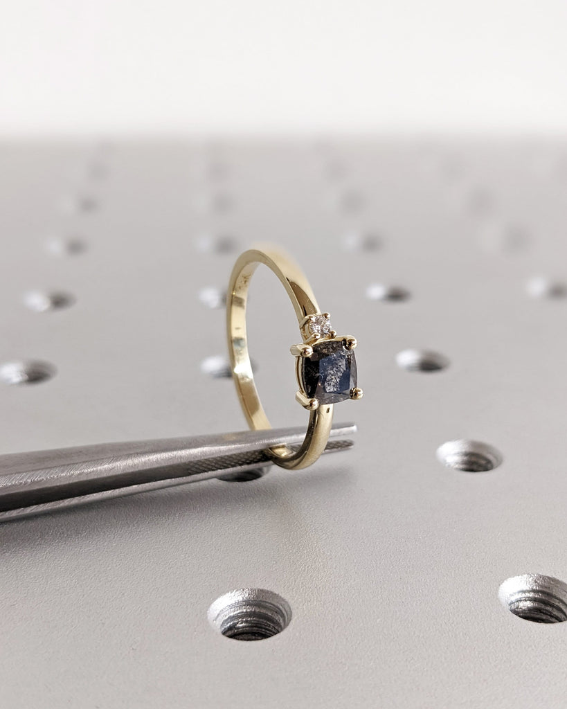 1920's Raw Salt and Pepper Diamond, Cushion Cut Diamond Ring, Unique Two Stone Engagement, 14k Yellow, Rose, White, Black Gold, Vintage Ring