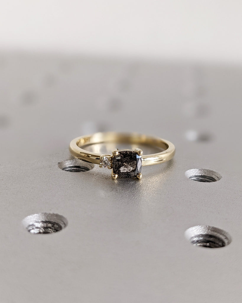 1920's Raw Salt and Pepper Diamond, Cushion Cut Diamond Ring, Unique Two Stone Engagement, 14k Yellow, Rose, White, Black Gold, Vintage Ring
