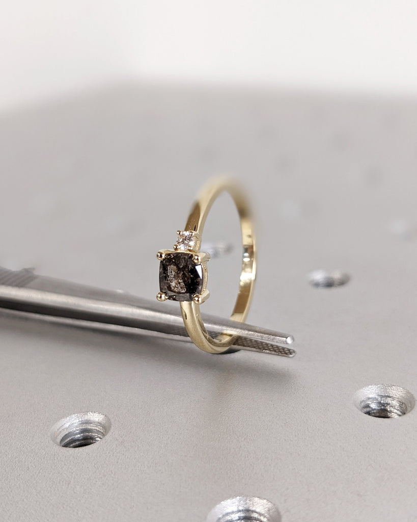 1920's Raw Salt and Pepper Diamond, Cushion Cut Diamond Ring, Unique Two Stone Engagement, 14k Yellow, Rose, White, Black Gold, Vintage Ring