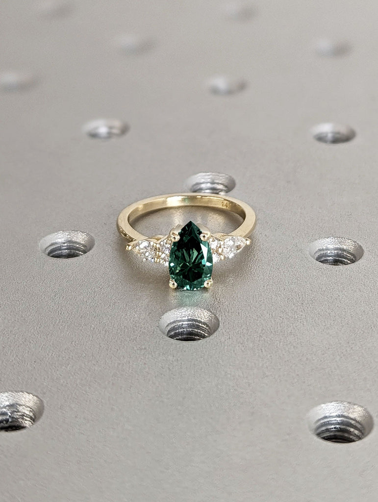 1ct Pear cut Lab Emerald 14K Yellow Gold Diamond Clusters Promise Ring