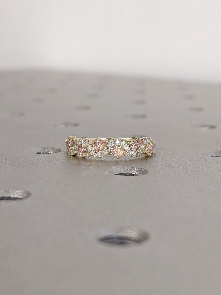 Pear_Round_Diamond_Cluster_Wavy_14K_Yellow_Gold_Eternity_Ring June Birthstone Pink Peach Morganite