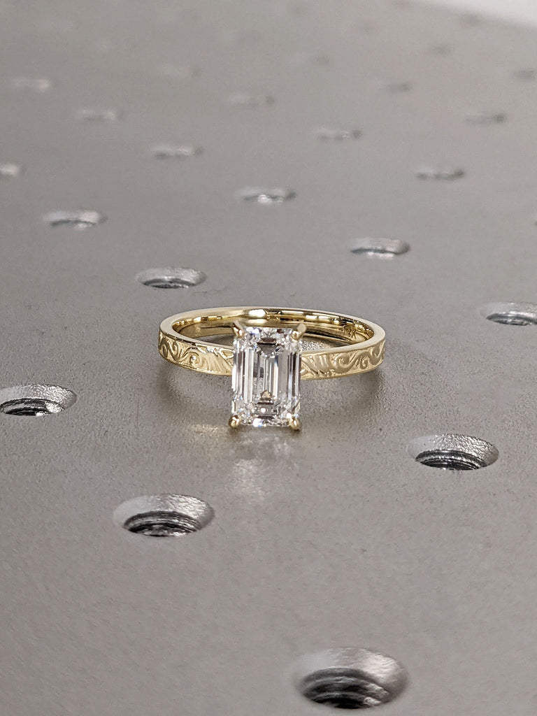 1.5ct Emerald cut Lab Diamond Solitaire 14K Yellow Gold Scrollwork Engraving Wedding Anniversary Ring