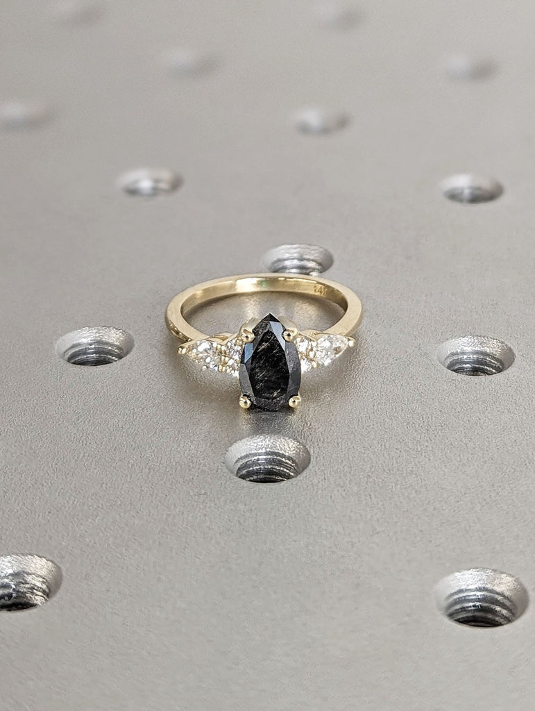 1ct Pear cut Salt and Pepper Diamond 14K Yellow Gold Diamond Clusters Promise Ring