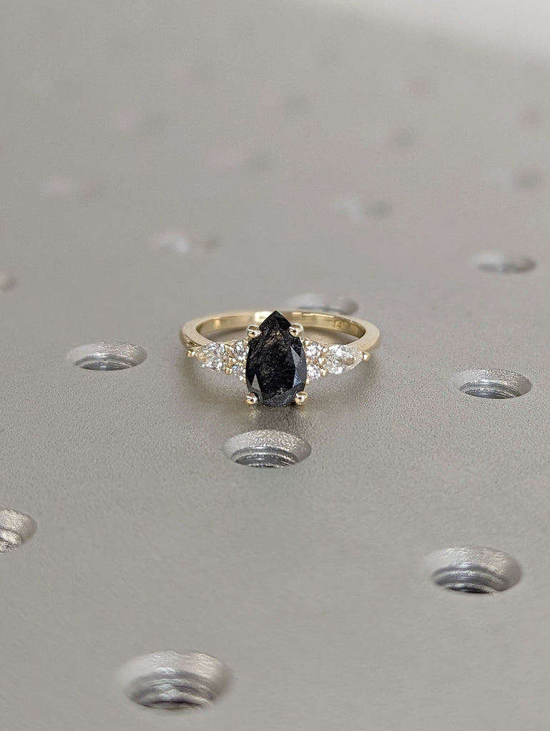 1ct Pear cut Salt and Pepper Diamond 14K Yellow Gold Diamond Clusters Wedding Annviersary Ring