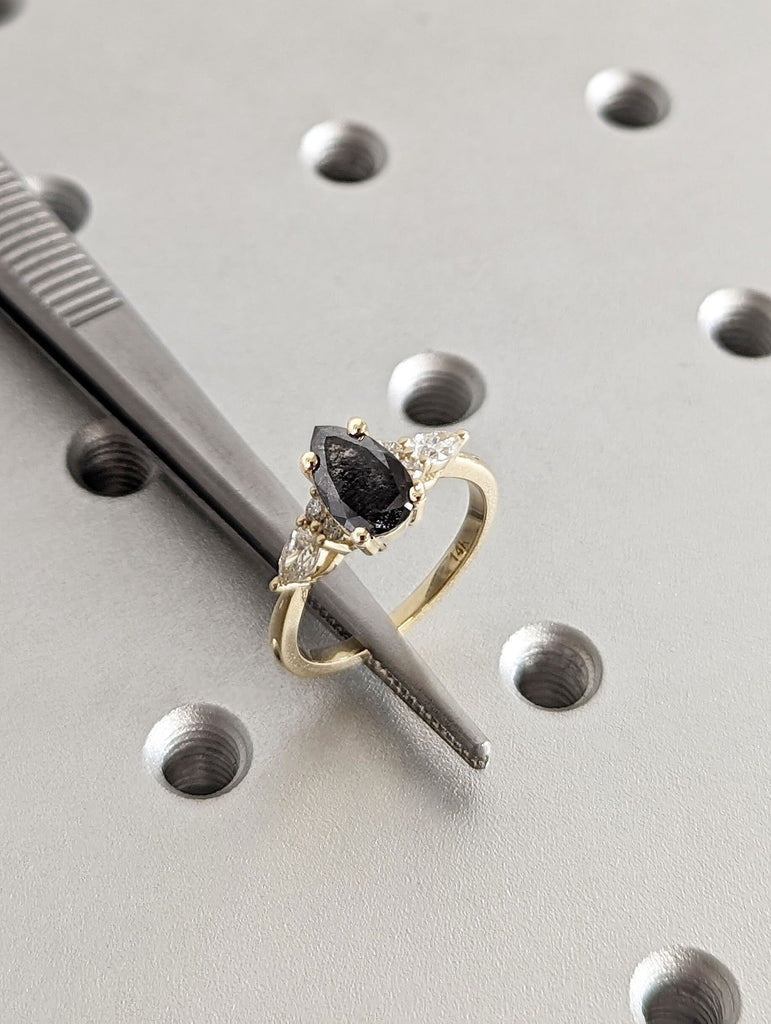 1ct Pear cut Salt and Pepper Diamond 14K Yellow Gold Moissanite Clusters Wedding Annviersary Ring