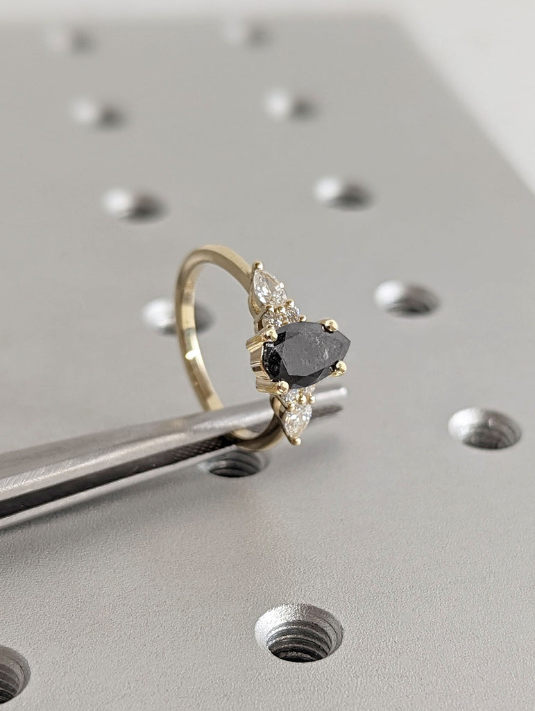 Art Deco Pear Cut Salt and Pepper Diamond 14K Yellow Gold May Birthstone Ring for Her