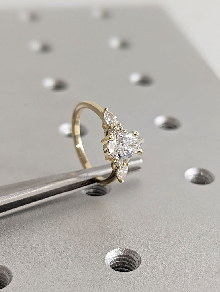 Art Deco Pear Cut Moissanite 14K Yellow Gold May Birthstone Ring for Her