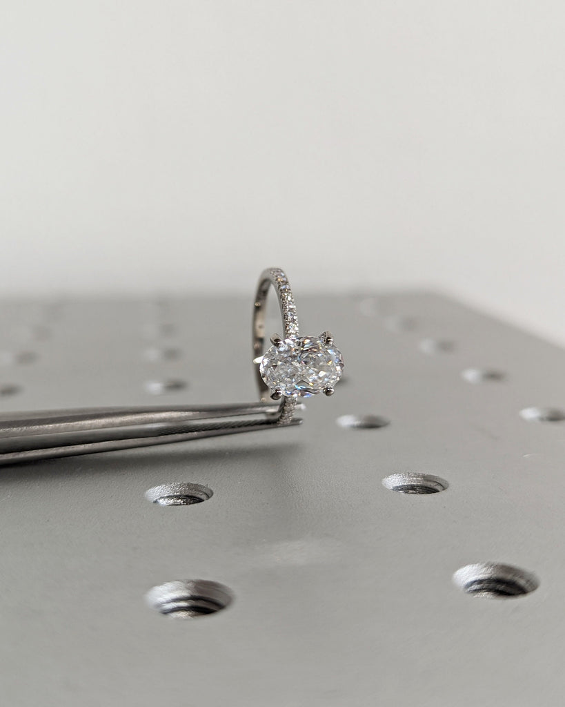 Oval Engagement Ring, Crushed Ice Oval Lab Made Diamond Engagement Ring, Pave Diamond/Moissanite, Bridal Proposal Ring, Half Eternity Band