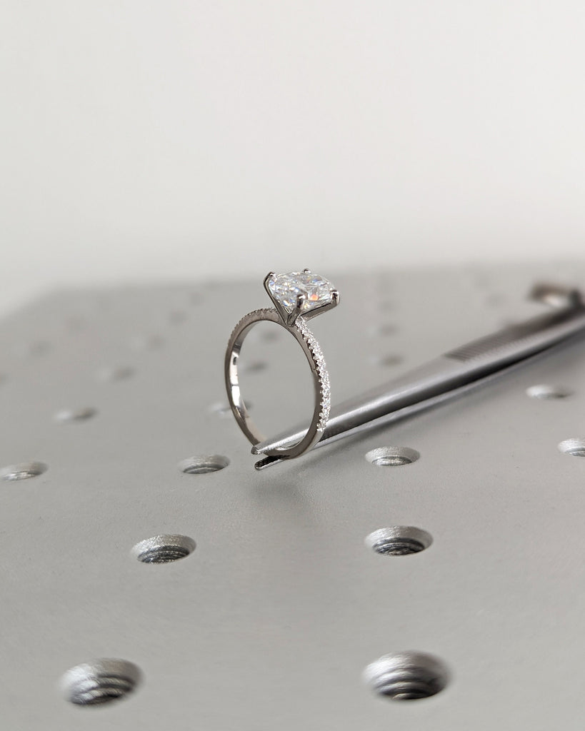 Oval Engagement Ring, Crushed Ice Oval Lab Made Diamond Engagement Ring, Pave Diamond/Moissanite, Bridal Proposal Ring, Half Eternity Band