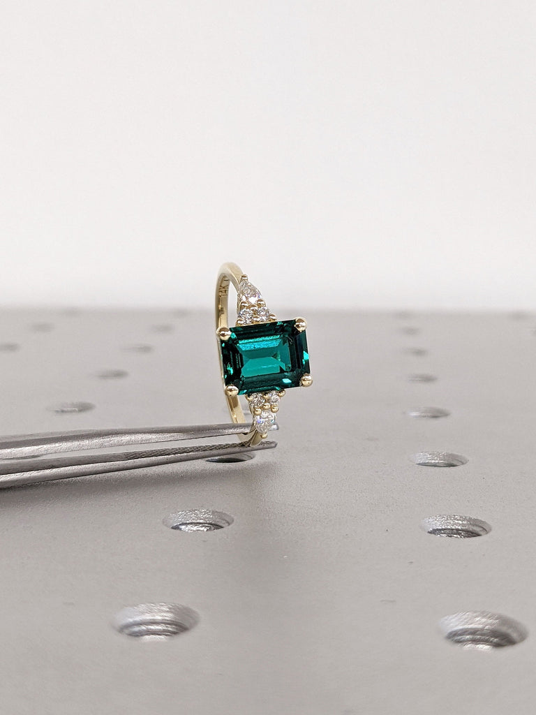 2.5ct Emerald cut Lab Emerald May Birthstone Ring 14K Yellow Gold Diamond Clusters