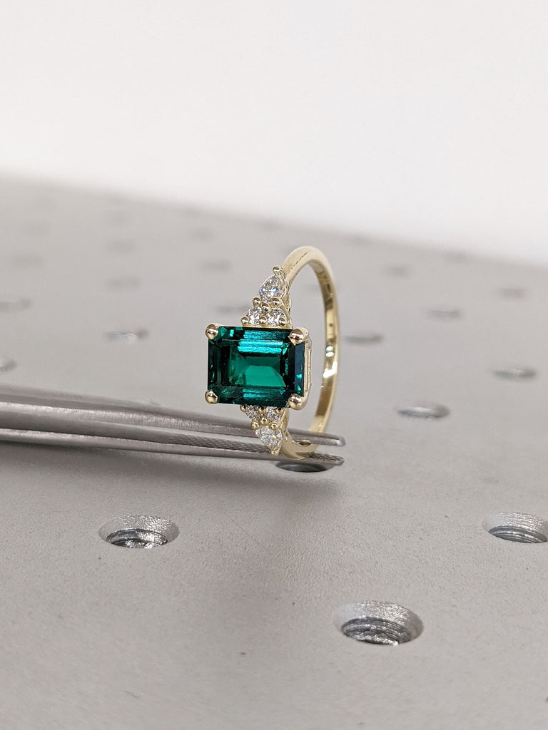 2.5ct Emerald cut Lab Emerald Wedding Anniversary Ring 14K Yellow Gold Diamond Clusters