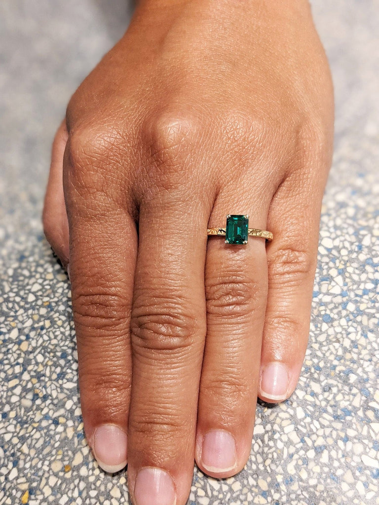 May Birthstone Lab Grown Emerald Solitaire Vintage Anniversary Ring 14k 18k Rose Gold Filigree Wedding Band for Her