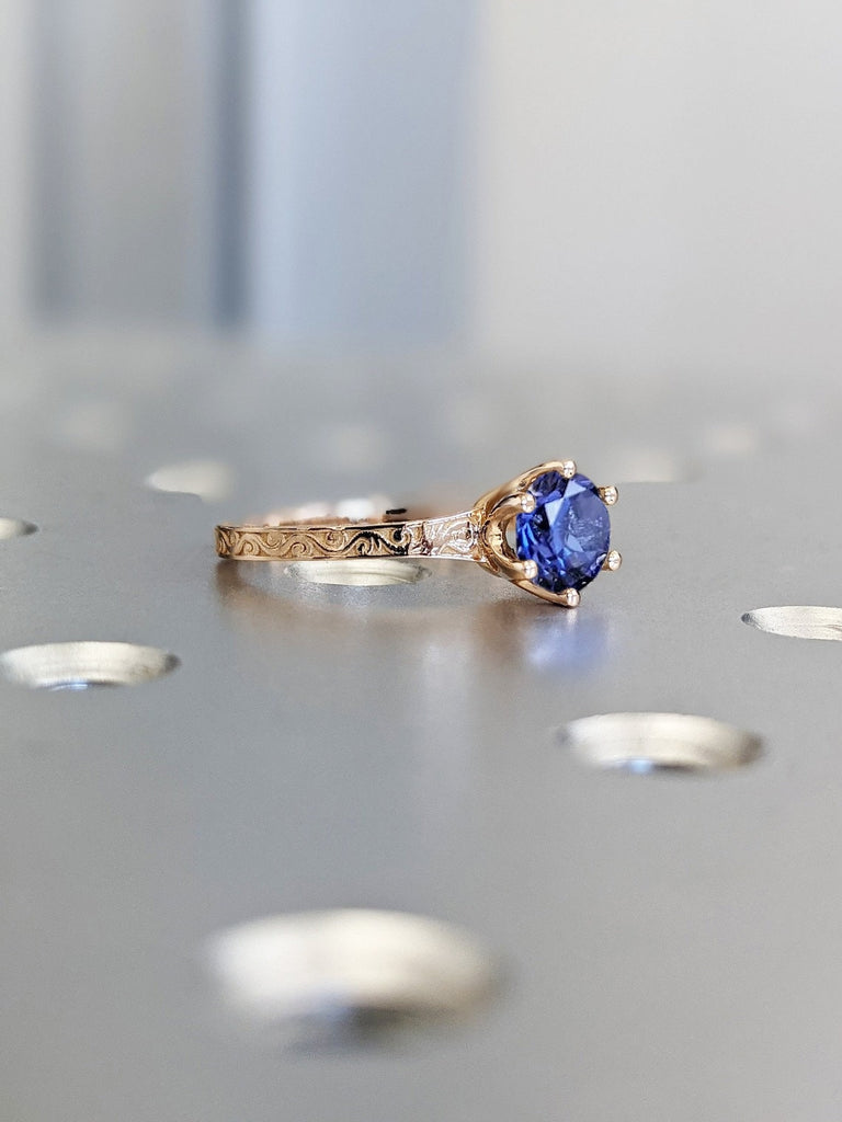 1ct Round cut Blue Lab Sapphire Solitaire Promise Ring 14K 18K Rose Gold Filigree Women Wedding Band