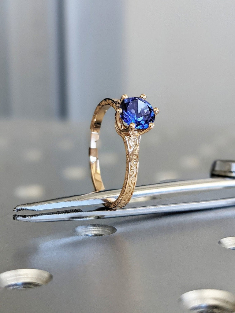 1ct Round cut Blue Lab Grown Sapphire Solitaire Engagement Ring 14K 18K Rose Gold Filigree Wedding Band for Her September Birthstone