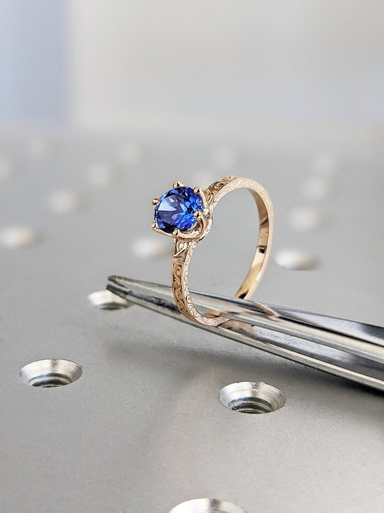 1ct Round cut Blue Lab Created Sapphire Solitaire Engagement Ring 14K 18K Rose Gold Filigree Wedding Band for Her