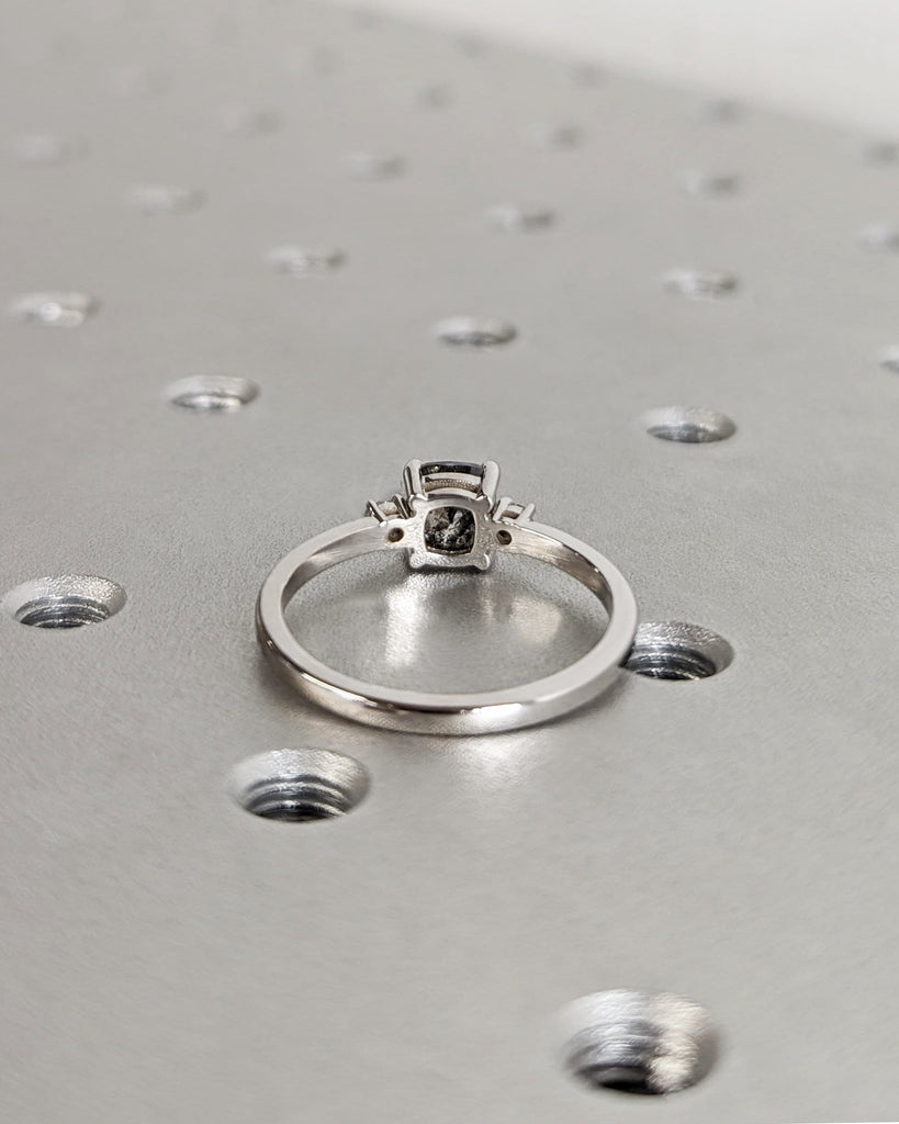 Three Stone Salt and Pepper Diamond Engagement Ring - Vintage Trellis Cushion Cut Setting - 18K White Gold Ring - Bridal Wedding Womens Ring