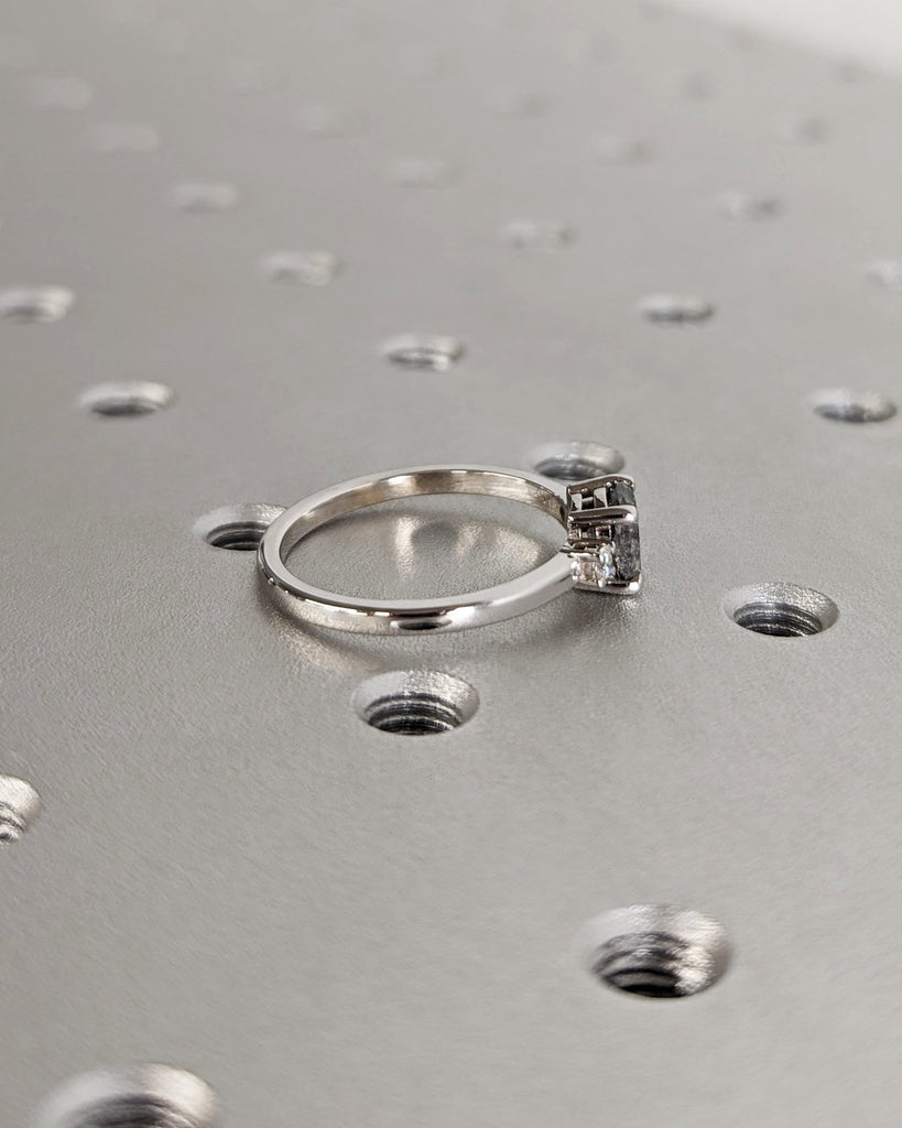 Three Stone Salt and Pepper Diamond Engagement Ring - Vintage Trellis Cushion Cut Setting - 18K White Gold Ring - Bridal Wedding Womens Ring