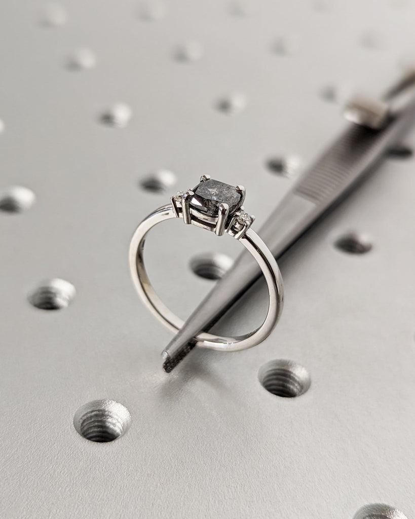 Three Stone Salt and Pepper Diamond Engagement Ring - Vintage Trellis Cushion Cut Setting - 18K White Gold Ring - Bridal Wedding Womens Ring