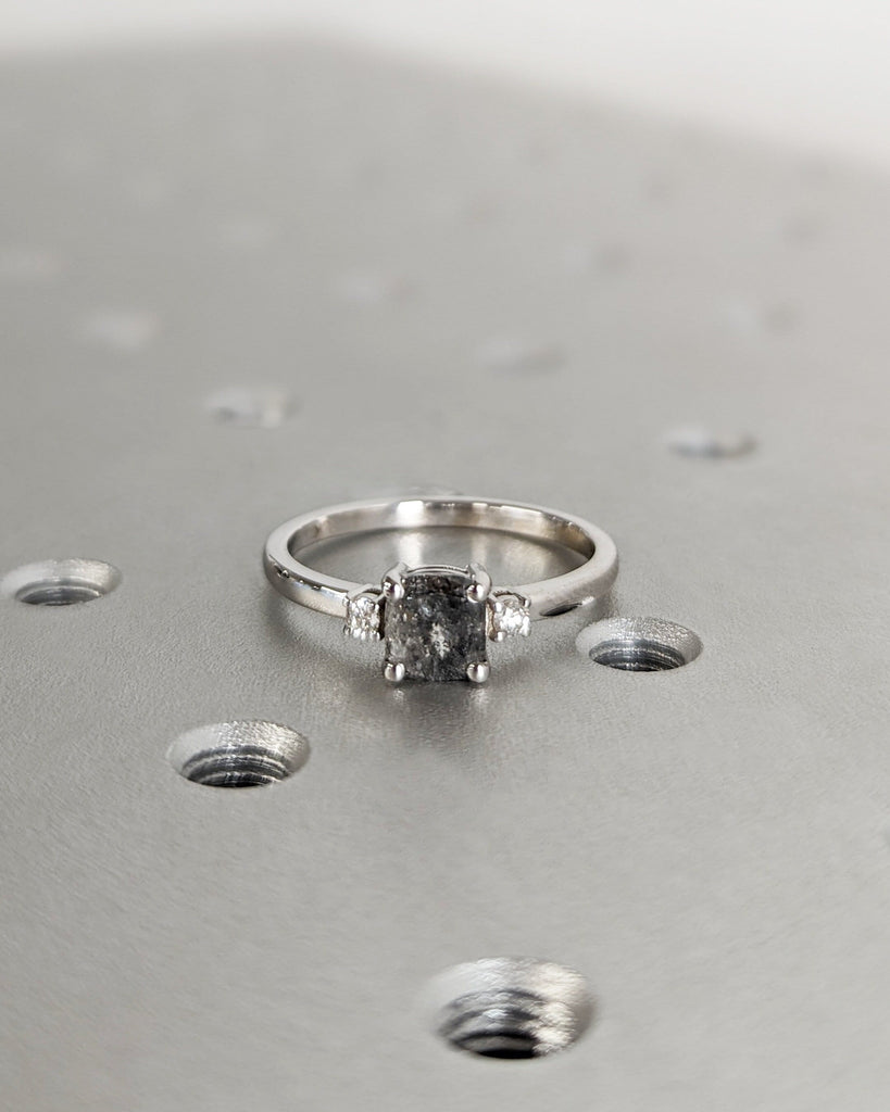 Three Stone Salt and Pepper Diamond Engagement Ring - Vintage Trellis Cushion Cut Setting - 18K White Gold Ring - Bridal Wedding Womens Ring