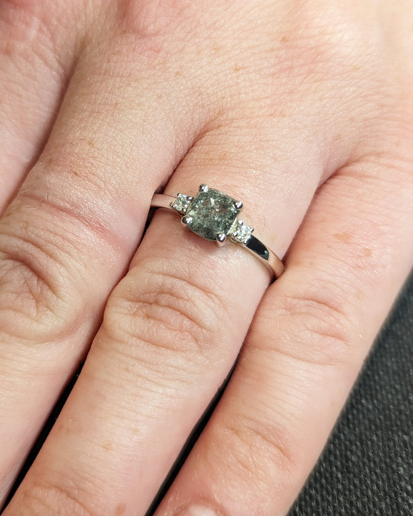 Three Stone Salt and Pepper Diamond Engagement Ring - Vintage Trellis Cushion Cut Setting - 18K White Gold Ring - Bridal Wedding Womens Ring