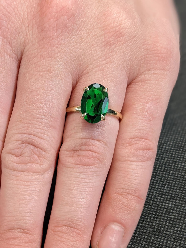 Unique 3ct Oval Lab Emerald Hidden Halo May Birthstone Ring | 14K Yellow Gold Diamond Pave Bridge Anniversary Solitaire Ring for Women