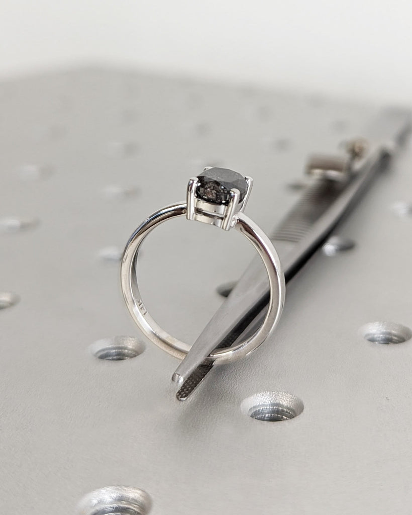Solid Gold Cushion Salt and Pepper Engagement Ring, Vintage Solitaire Diamond Ring, 14K White Gold Ring, Minimalist Wedding Anniversary Ring