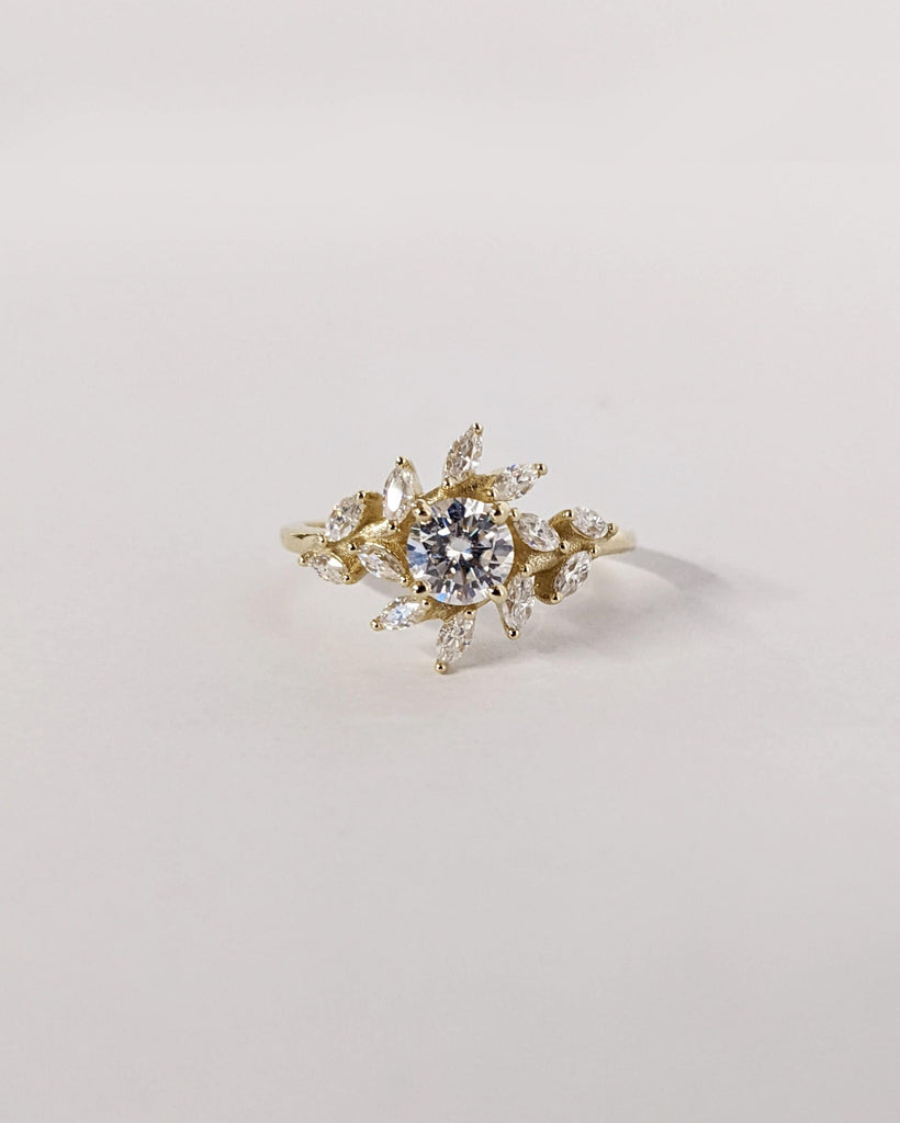 Nature Inspired Moissanite Engagement Ring, Marquise Cluster Band Unique Leaf Floral Ring, 14K Yellow Gold, Art Deco Bridal Anniversary Ring