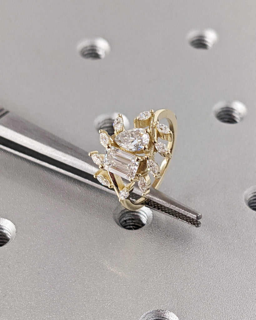 Toi et Moi Ring, Promise Ring, Lab Diamond Engagement Ring, Two Stone Ring, Wedding Ring, Anniversary Gift for Her, Unique Leaf Cluster Band