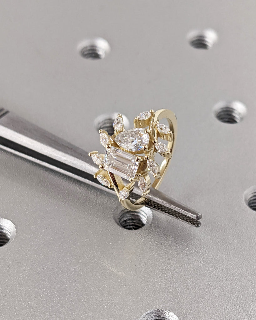 Two Stone, Pear, Emerald cut Moissanite Commitment Ring | 14K 18K Yellow Gold Women Wedding Ring | Fancy Cut Diamond Multi Shape Toi et Moi