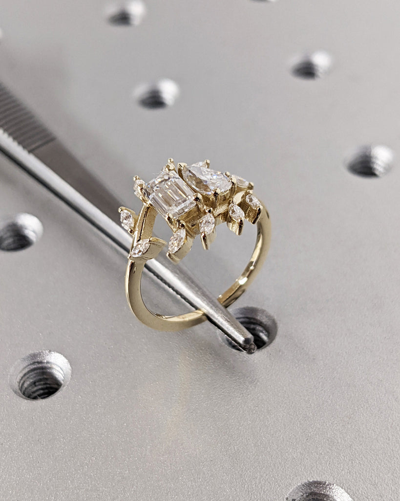 Toi et Moi Ring, Promise Ring, Lab Diamond Engagement Ring, Two Stone Ring, Wedding Ring, Anniversary Gift for Her, Unique Leaf Cluster Band