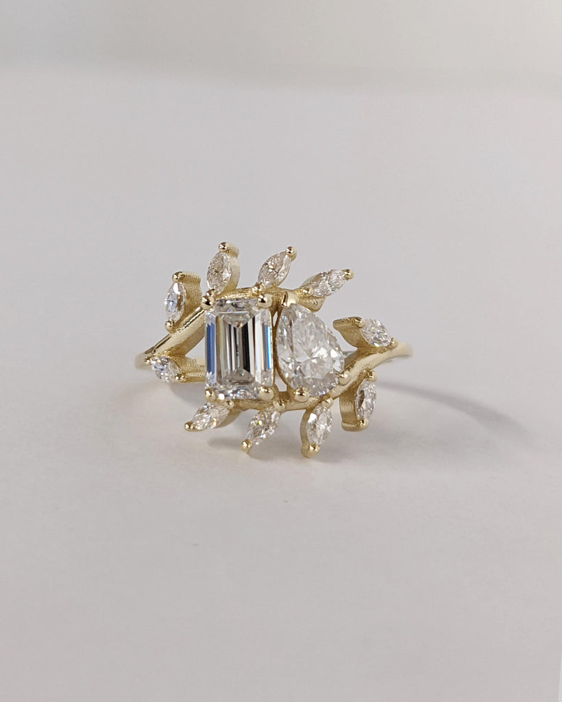 Toi et Moi Ring, Teardrop Pear Emerald Cut Moissanite Ring, Vintage Double Stone Engagement Ring, Flora Leaf Cluster Ring, Custom Women Ring