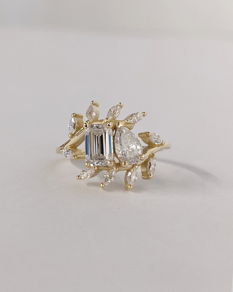 Toi et Moi Ring / Pear and Emerald Cut Moissanite Ring / Two Stone Engagement Ring / Marquise Leaf Cluster Ring / Unique Statement Gold Ring