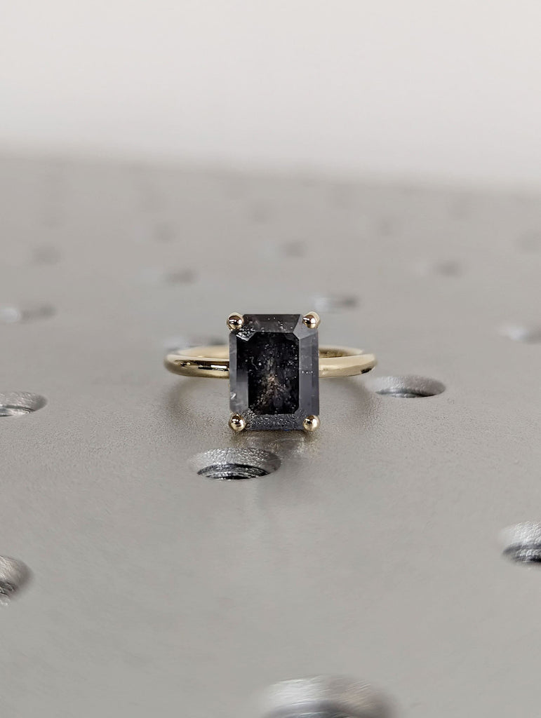 2.5ct Emerald cut Salt and Pepper Diamond Solitaire 14K Yellow Gold Engagement Ring