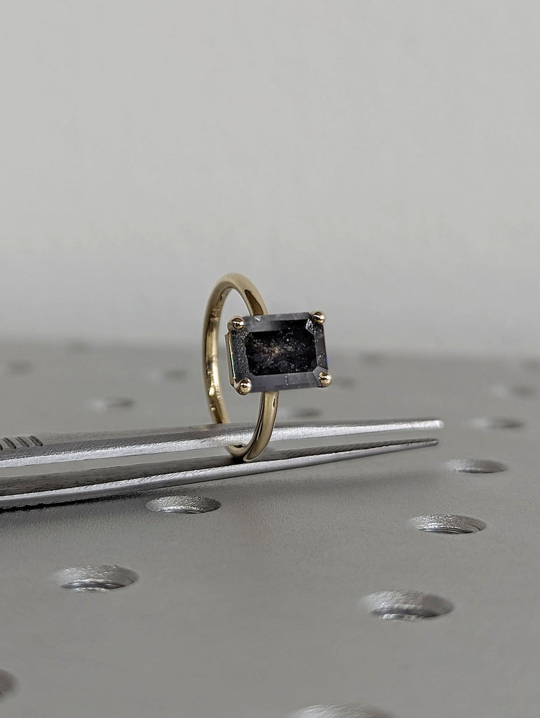 2.5ct Emerald cut Salt and Pepper Diamond 14K Yellow Gold Wedding Anniversary Ring