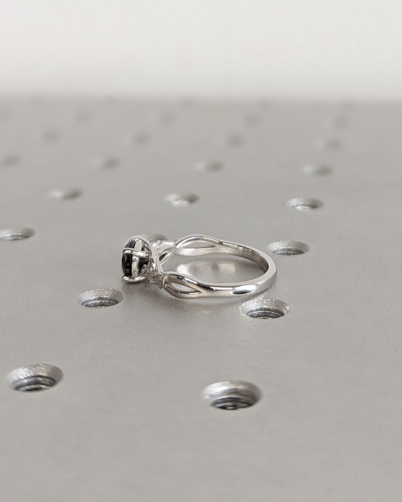 Nature Art Inspired Leaf Engagement Ring, 14K White Gold, Salt and Pepper Diamond Ring, Leaves Twig Nature Element Inspired Engagement Ring