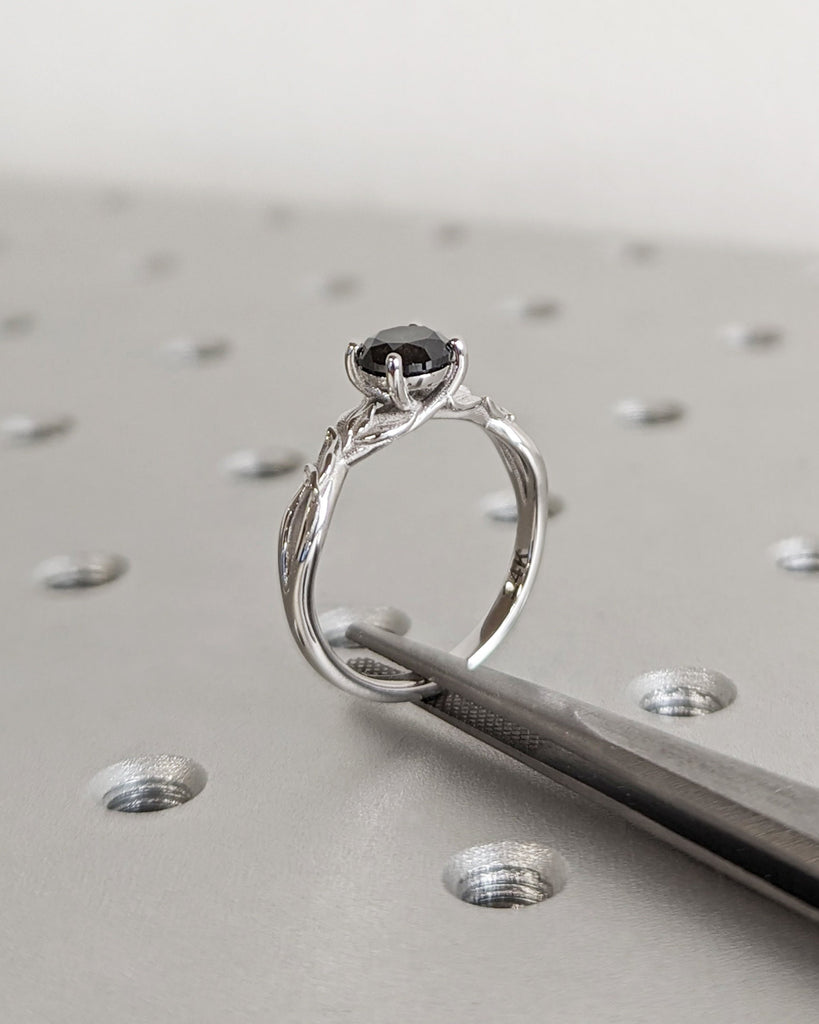 Nature Art Inspired Leaf Engagement Ring, 14K White Gold, Salt and Pepper Diamond Ring, Leaves Twig Nature Element Inspired Engagement Ring