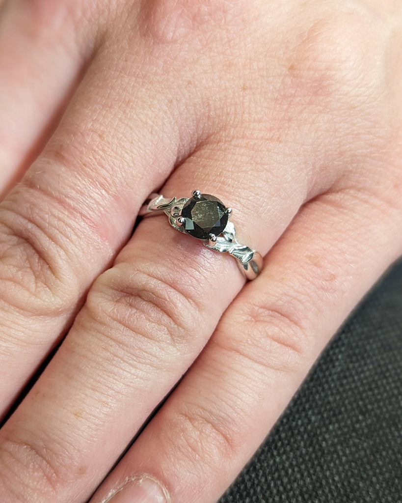 Nature Art Inspired Leaf Engagement Ring, 14K White Gold, Salt and Pepper Diamond Ring, Leaves Twig Nature Element Inspired Engagement Ring