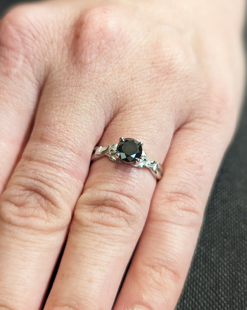 Nature Art Inspired Leaf Engagement Ring, 14K White Gold, Salt and Pepper Diamond Ring, Leaves Twig Nature Element Inspired Engagement Ring