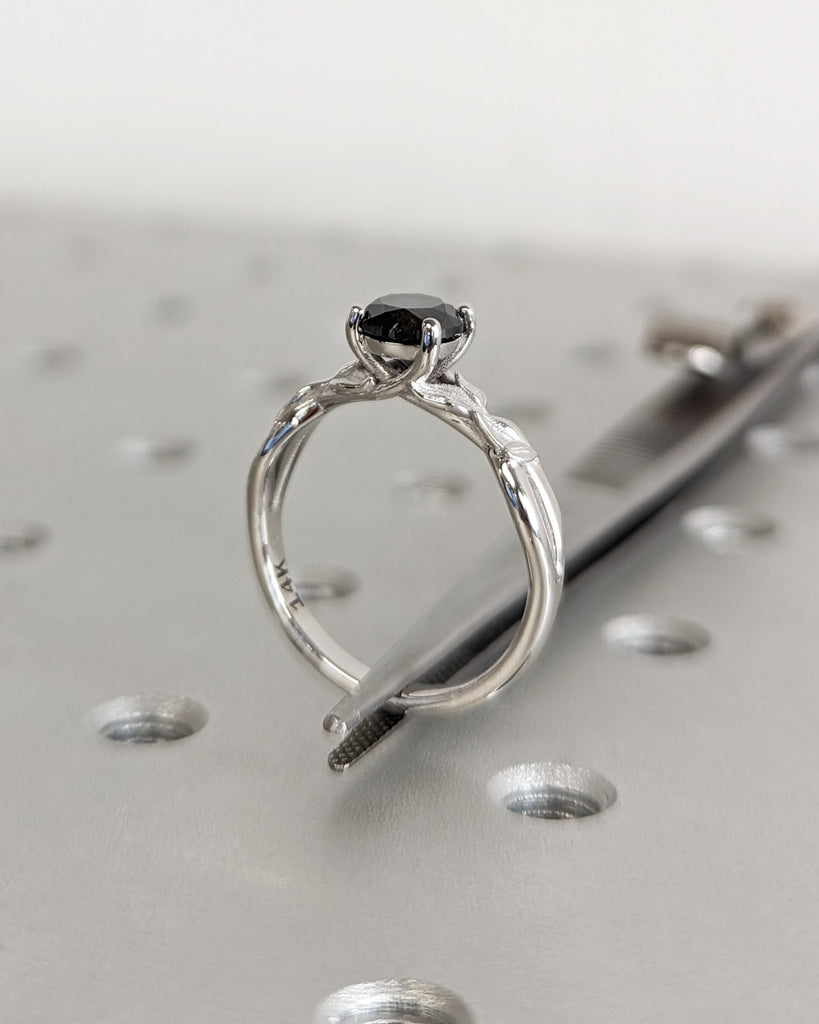 Nature Art Inspired Leaf Engagement Ring, 14K White Gold, Salt and Pepper Diamond Ring, Leaves Twig Nature Element Inspired Engagement Ring